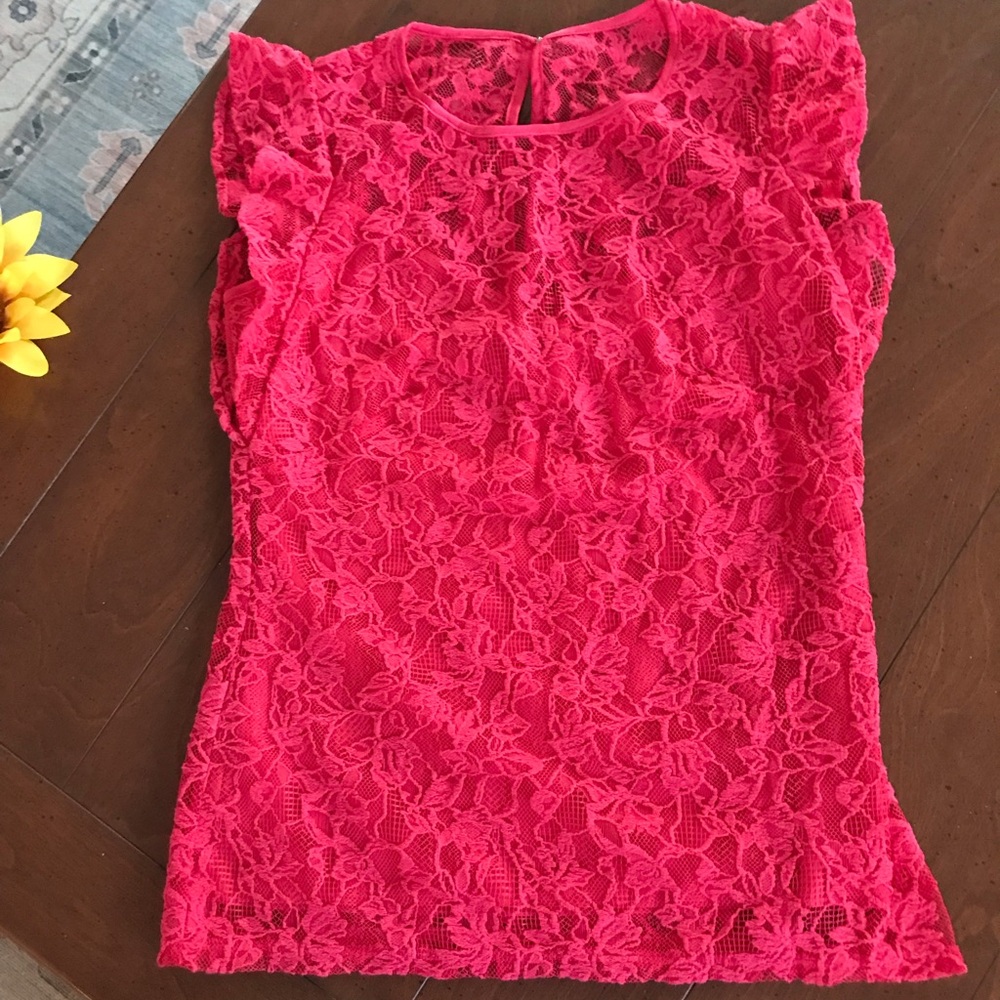 White House Black Market Pink Lace‎ Blouse Size 0